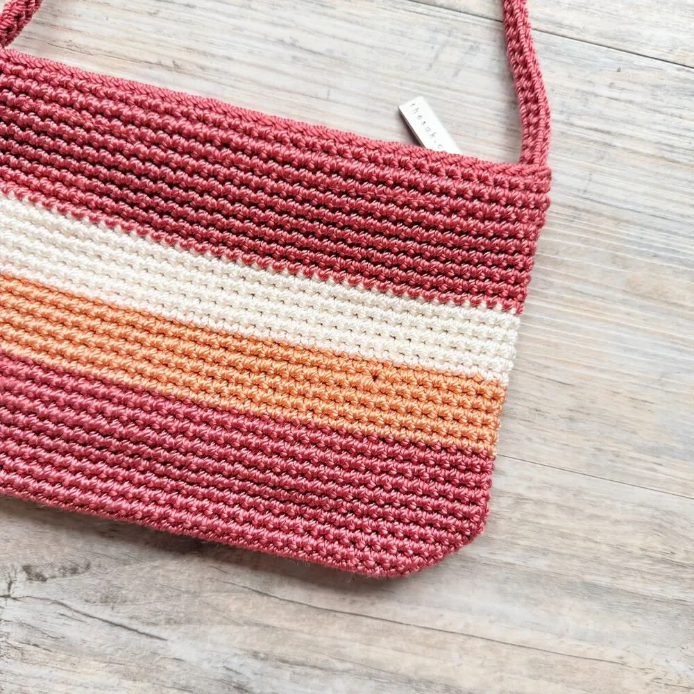The Sak Crochet Knit Striped Shoulder Bag Y2K Boho Pink Sunset Mini Hobo Purse